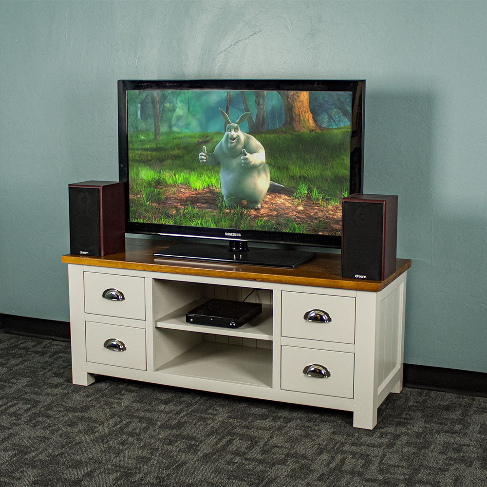 The front of the Alton Entertainment Unit, there are two speakers on top with a TV in between. There is a DVD player on the top shelf in the middle.