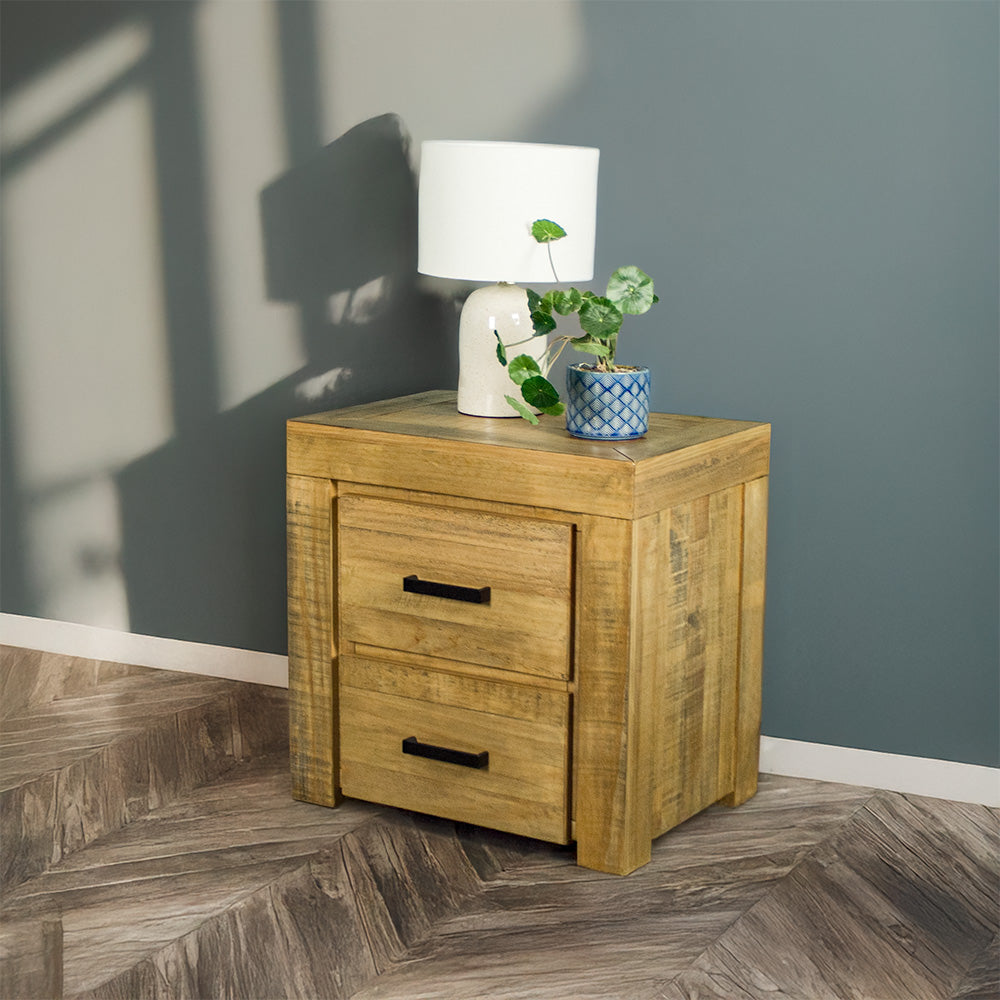 The front of the Amarillo Two Drawer Bedside. There is a lamp and a potted plant on top.