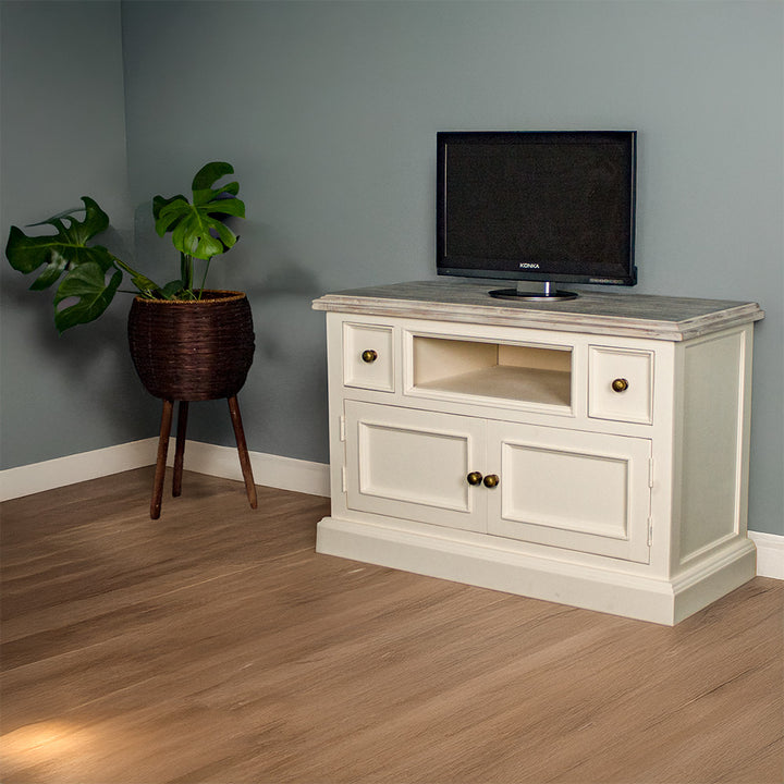 The front of the Biarritz Compact TV Unit. There is a small TV on top. There is a free standing potted plant next to it.