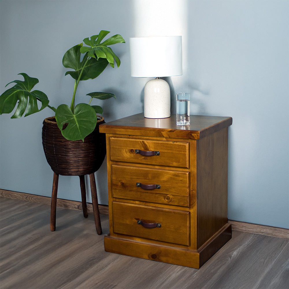 The front of the Jamaica Bedside Cabinet. There is a lamp and glass of water on top. There is a potted plant next to the bedside table.