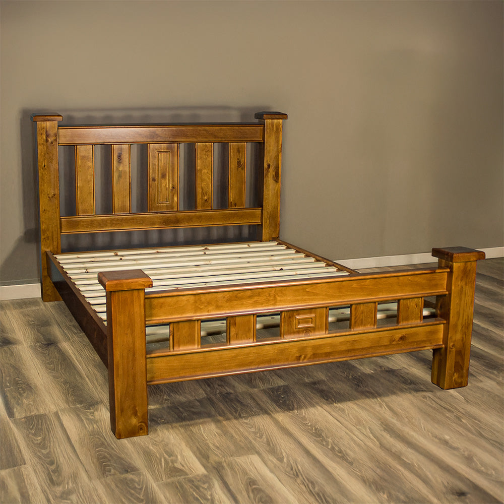 Overall view of the Rimu stained Jamaica Queen Size Slat Bed Frame