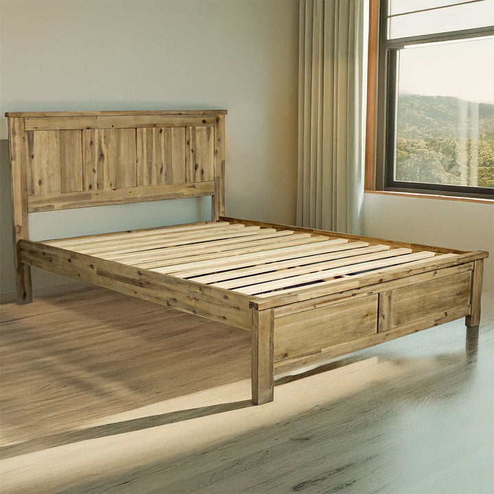 The front of the Mars Queen Slat Bed Frame in a modern bedroom, with a scenic view.