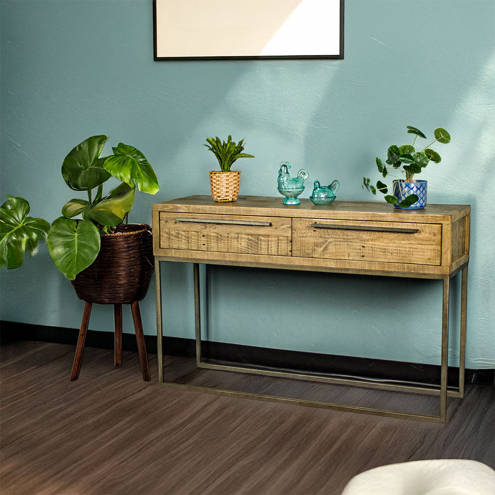 The front of the Monterey Recycled Pine Hall Table. There are two potted plants on top with two blue glass ornaments in the middle. There is a free standing potted plant next to it.