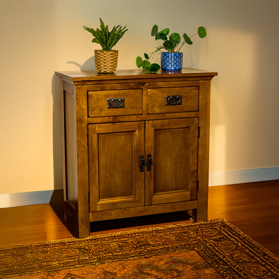 The front of the Montreal Small Pine Buffet. There are two potted plants on top.