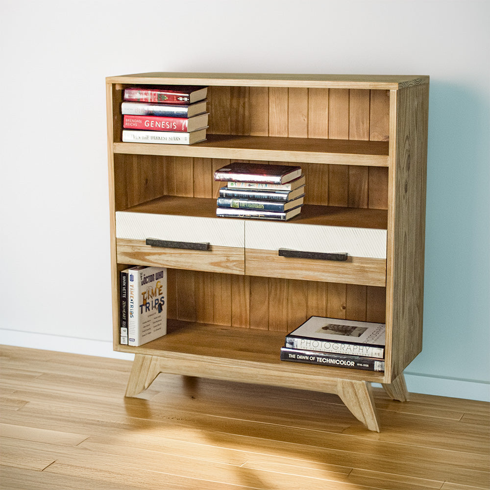 The front of the Soho Short Display Shelf. There are books on each shelf.