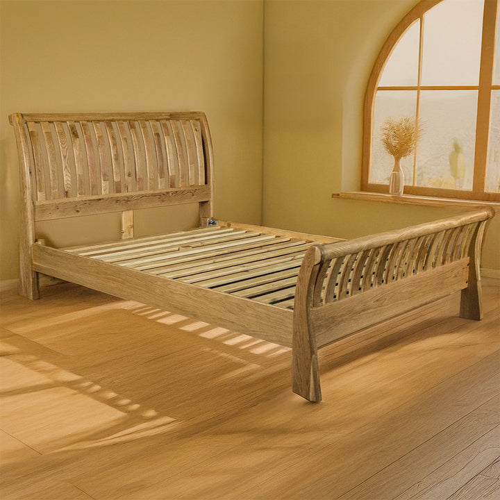 Vienna Oak Queen Size Mermaid Sleigh Slat Bed Frame