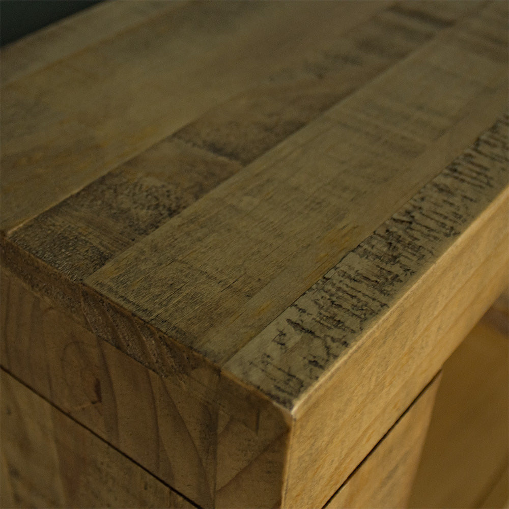 A close up of the top of the Amarillo Queen Slat Bed Frame, showing the wood grain and colour.