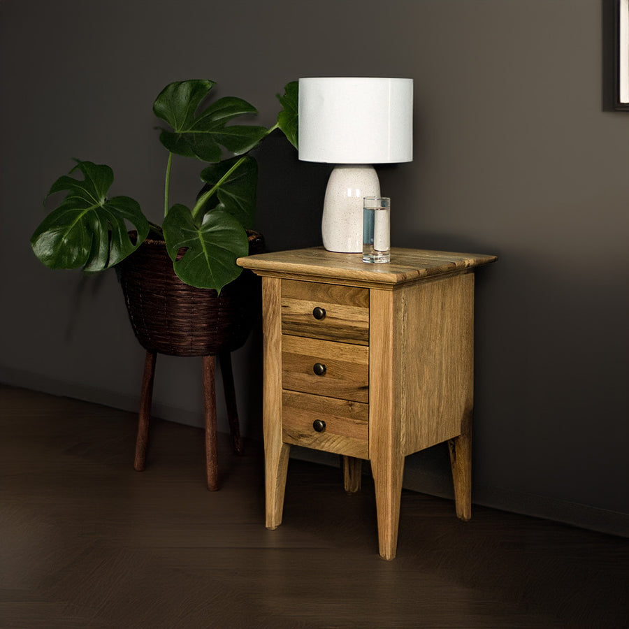 The front of the Beethoven Oak Bedside Table with 3 Drawers. There is a free standing potted plant next to it. There is a lamp and glass of water on top.