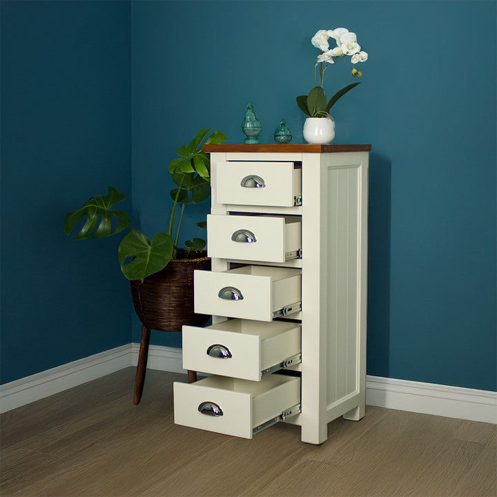 The front of the Alton 5 Drawer Lingerie Chest with its drawers open. There is a free standing potted plant next to it. There are two blue glass ornaments and a small pot of white flowers on top.