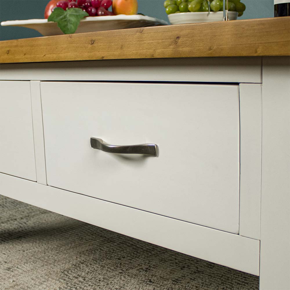 A close up of the silver metal handle on the Felixstowe Coffee Table.