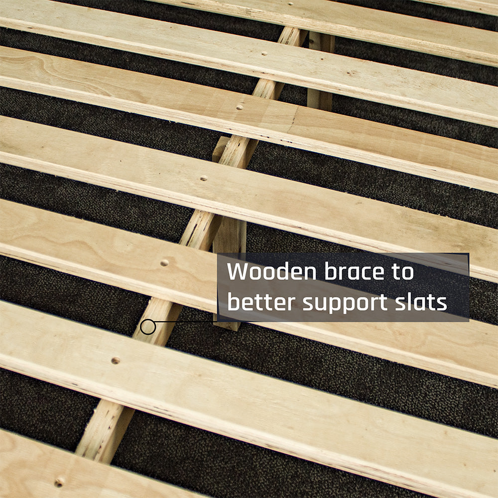 A closer view of the slats and wooden support bar on the Mars King Single Slat Bed Frame.