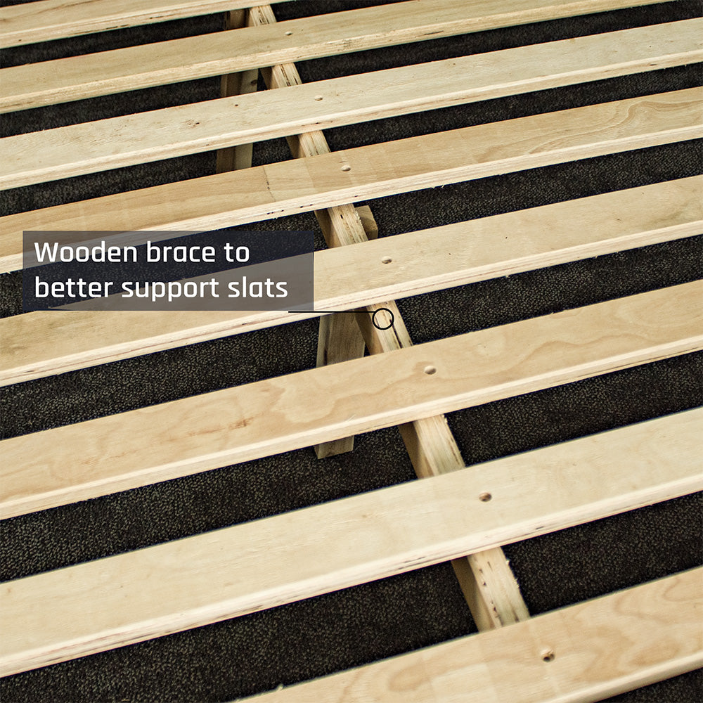 A close up of the wooden support bar underneath the slats of the Mars Queen Slat Bed Frame.