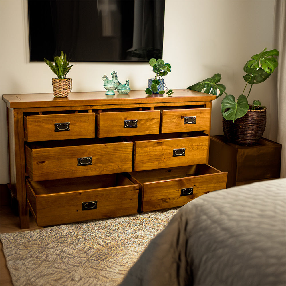 The front of the New Quebec 7 Drawer Lowboy with its drawers open.