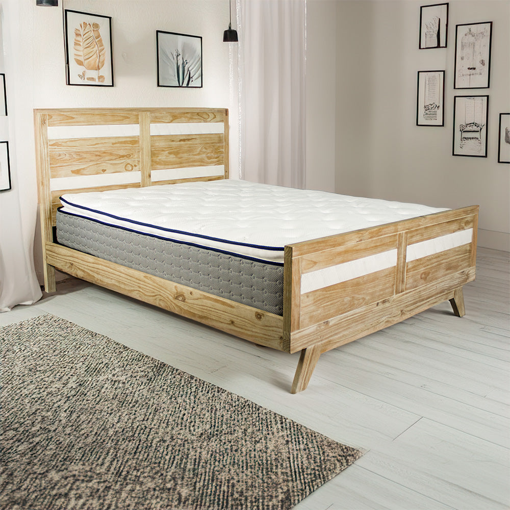 The front of the Soho Queen Size Slat Bed Frame in a modern bedroom, with a mattress on top.
