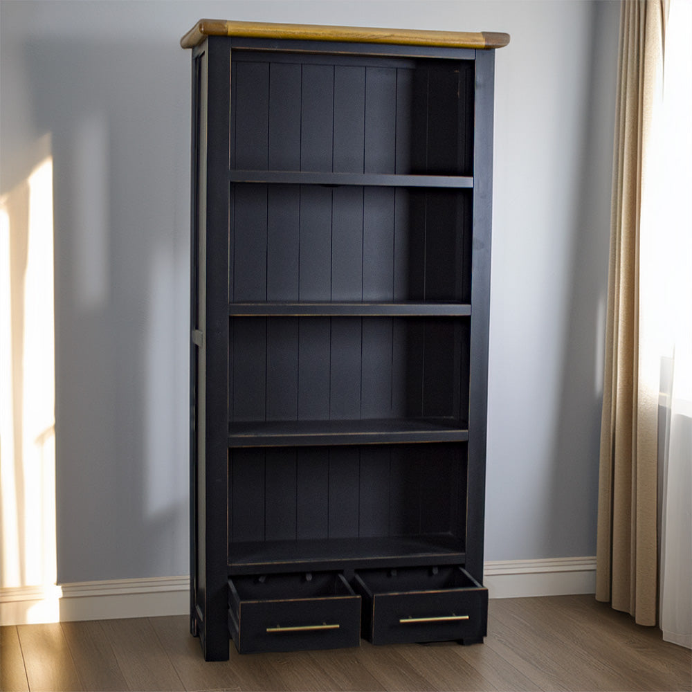 The front of the Cascais Large Bookcase with its drawers open.