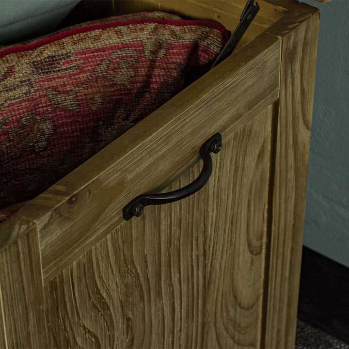 A close view of the black metal handle on the sides of the Vancouver NZ Pine Blanket Box