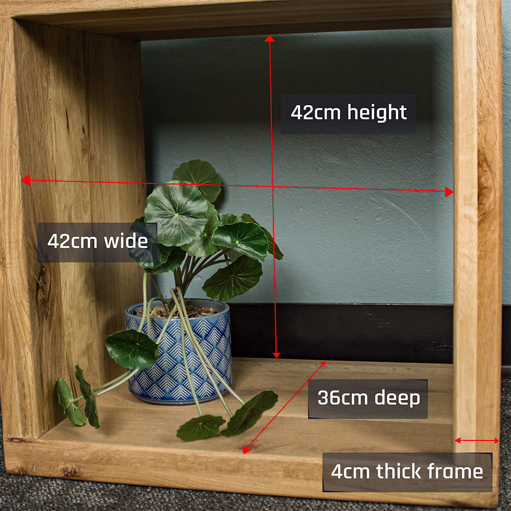 The depth of the Vancouver Value Oak Cube. There is a potted plant for scale.