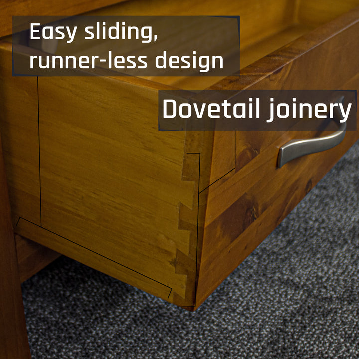 A close up of the dovetail joinery on the drawers of the Monaco Bookcase.