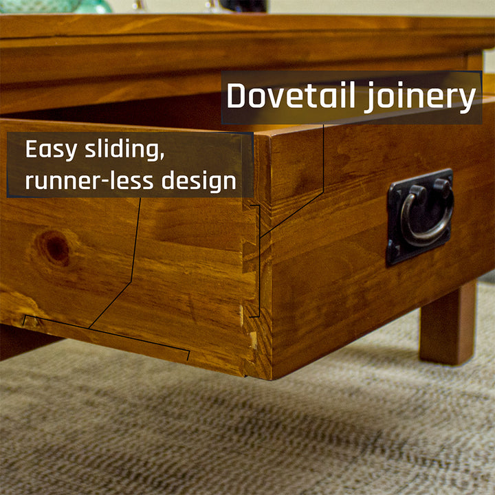 A close up of the dovetail joinery on the drawers of the Montreal Coffee Table with 2 Drawers.