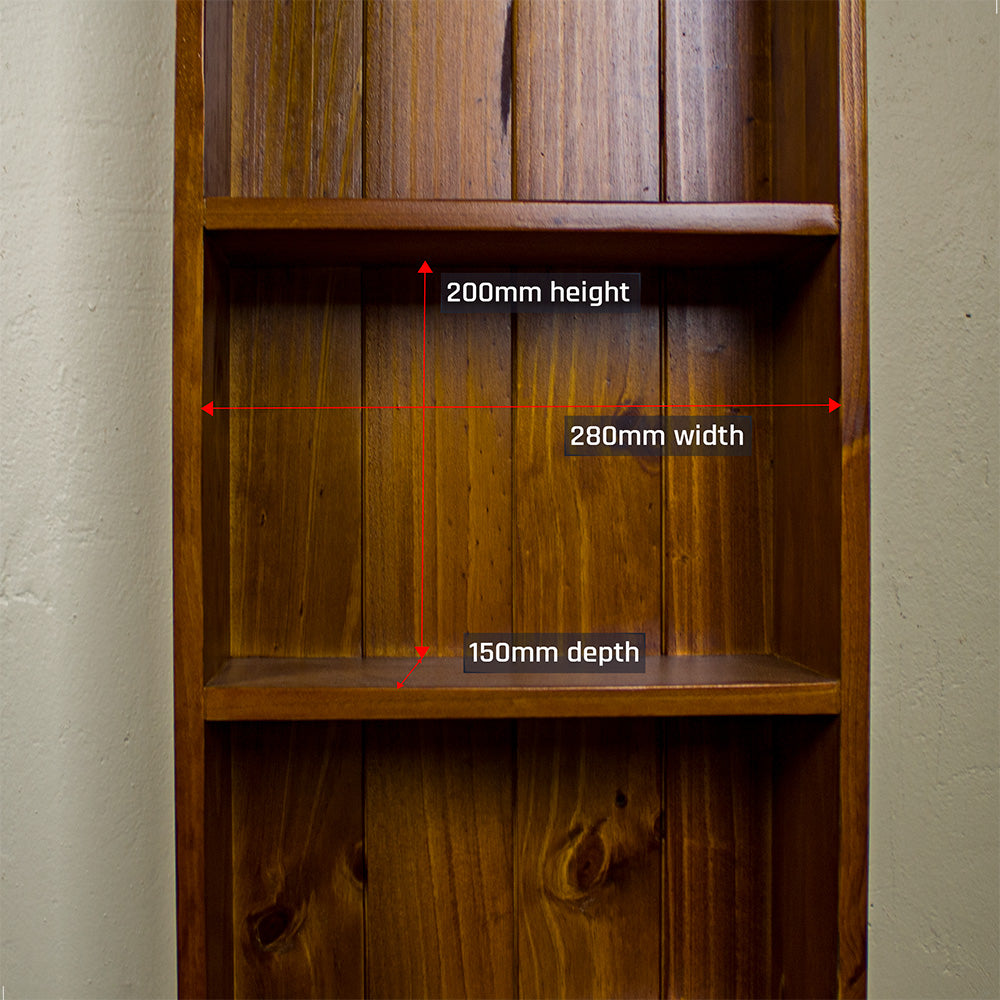 An overall view of the shelving on the Montreal Pine DVD Rack.