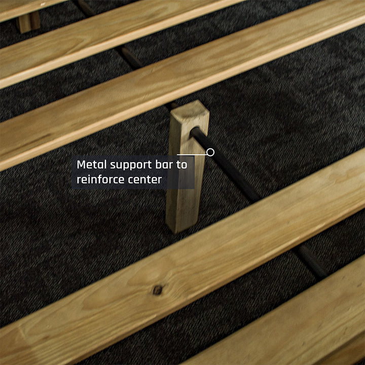 A close up of the wooden support legs that hold on to the metal support bar of the Amalfi Super King Oak Bed Frame.