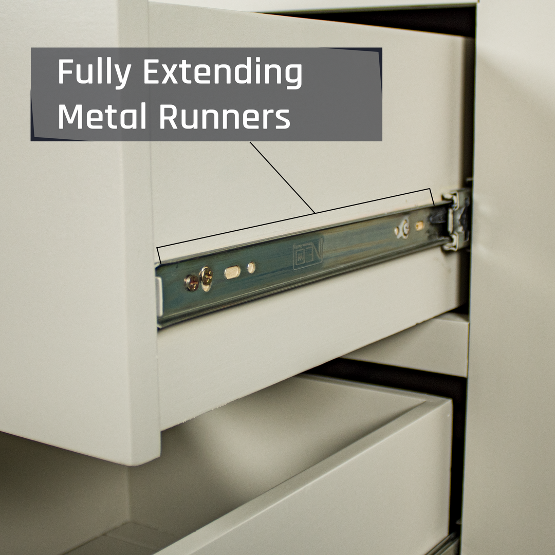 A close up of the metal runners on the drawers of the Alton Entertainment Unit.