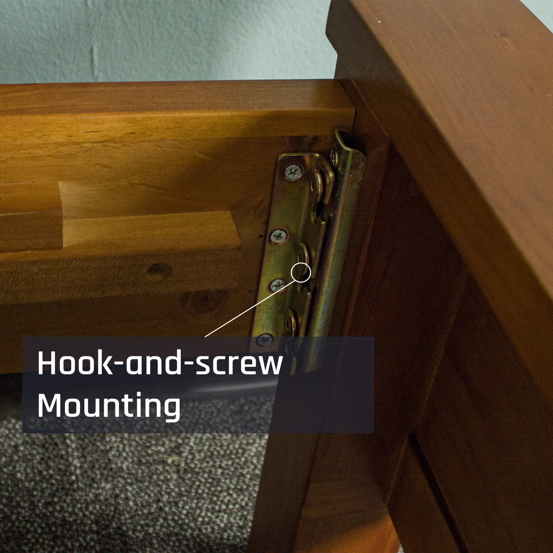 A close up of the bolts that securely hold the side rails to the footboard and headboard of the Alton Rimu-stained NZ Pine Queen Bed Frame.