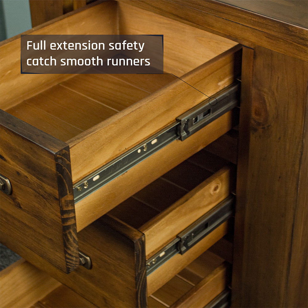 A close up of the smooth metal runners on the drawers of the Botanica Bedside Cabinet.