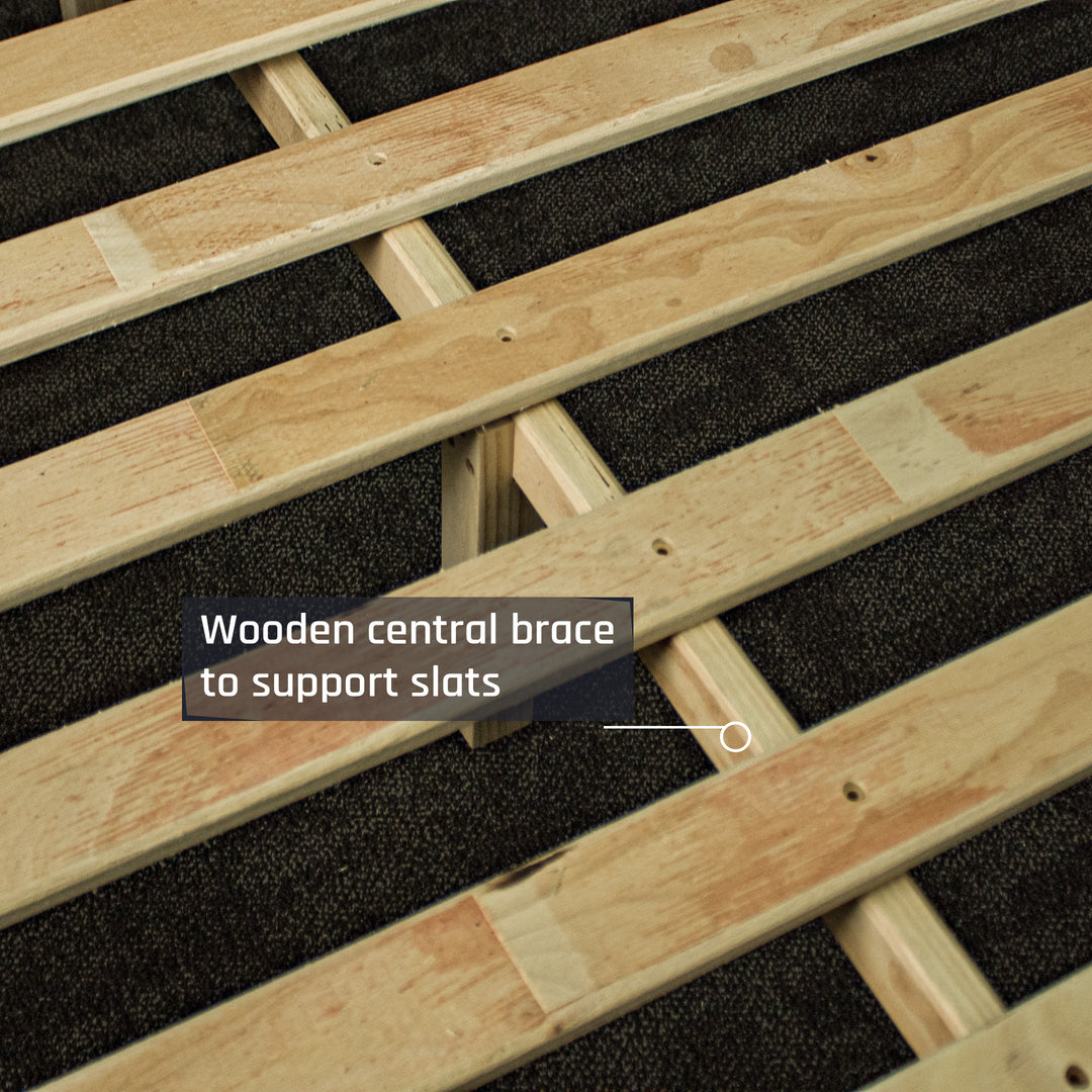 A close up of the wooden slats and support bars on the Botanica Queen Slat Bed Frame.