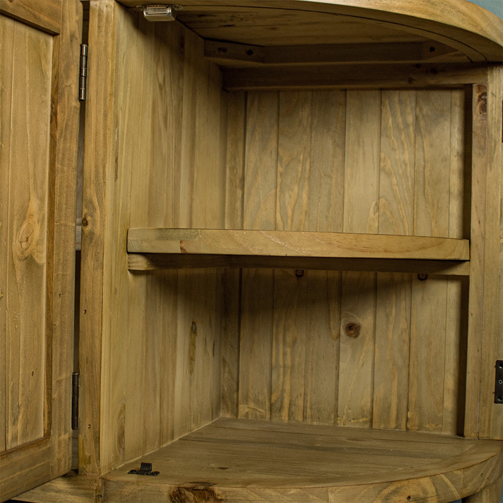 A view of the removable shelving on the sides of the Buffalo Recycled Pine Curved Buffet.