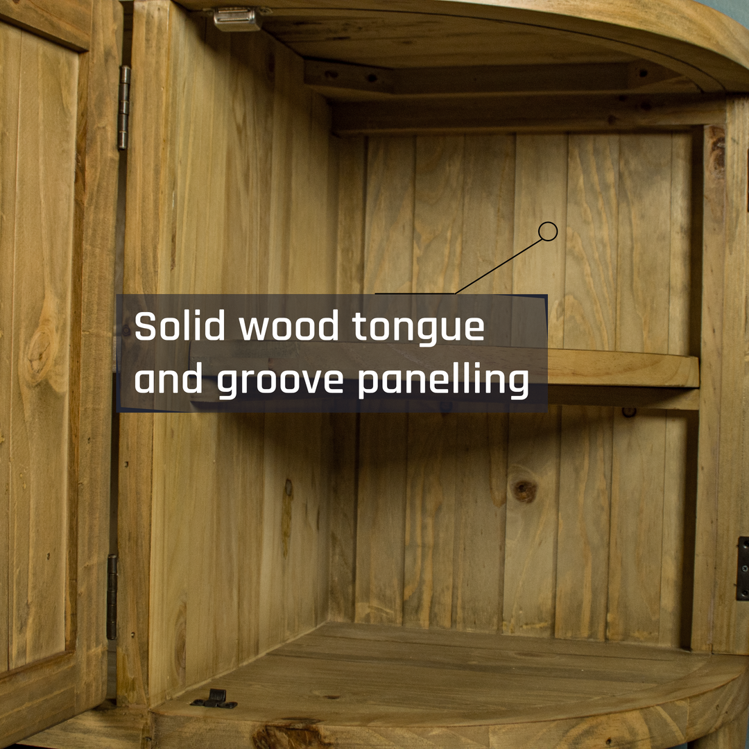 A view of the removable shelving on the sides of the Buffalo Recycled Pine Curved Buffet.