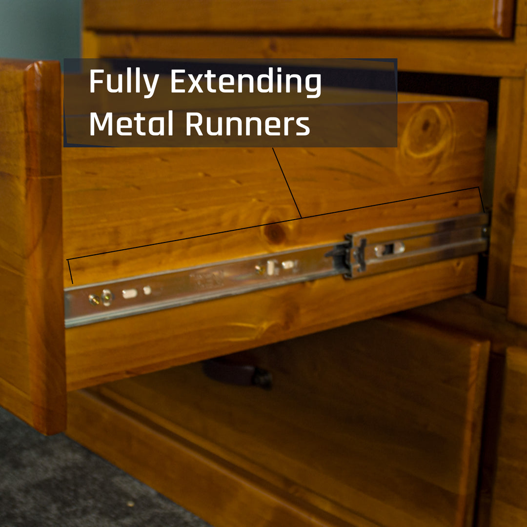 Close up of the metal runners on the drawers of the Jamaica 6 Drawer Pine Lowboy