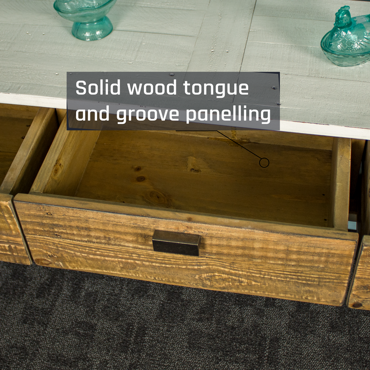 A view of the drawer inside of the Nova Recycled Pine Console Table