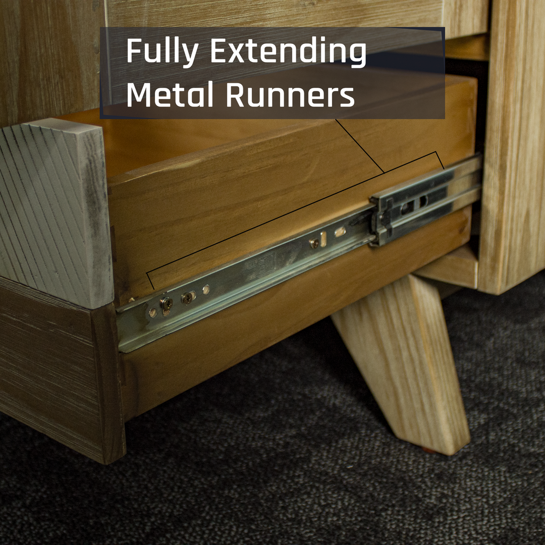 A close view of the sturdy metal runners on the drawers of the Soho NZ Pine Display Cabinet.