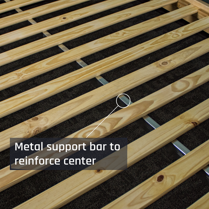 A close view of the slats of the Soho Queen Size Slat Bed Frame with the metal support beam running underneath.