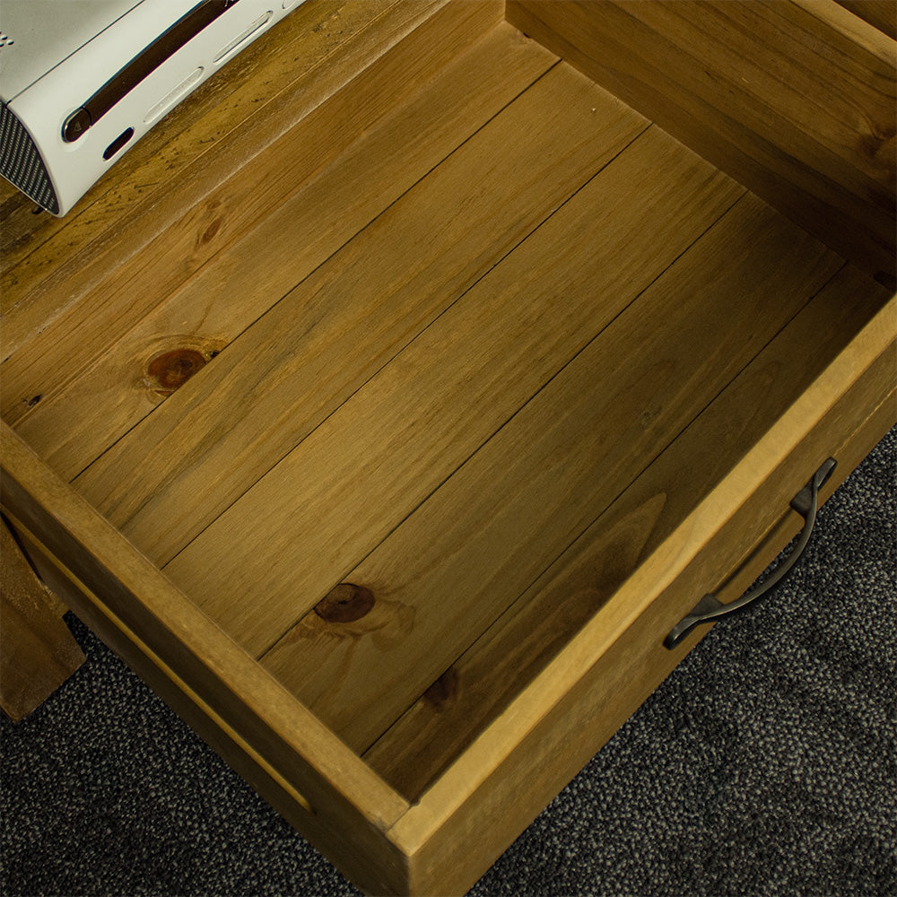 An overall view of the drawer on the Ventura Two Drawer Recycled Pine TV Unit.