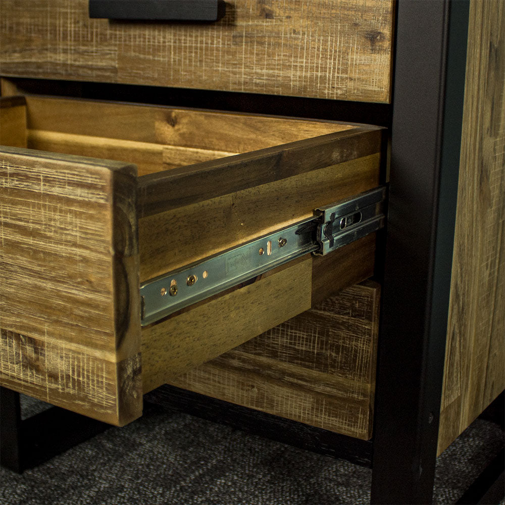 Close up of the smooth metal runners on the drawers of the Victor 3 Drawer Bedside Cabinet