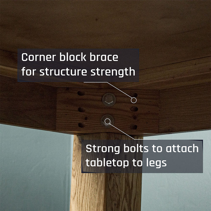 A close up of the bolts that securely hold the legs to the body of the Yes Oak Dining Table (1.4m)