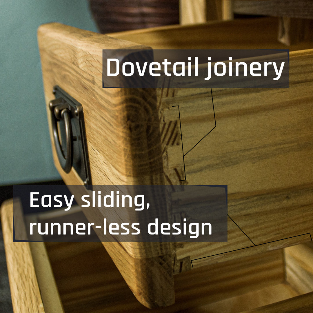 A closer view of the dovetail joinery on the drawers of the Amstel Oak Bedside Table