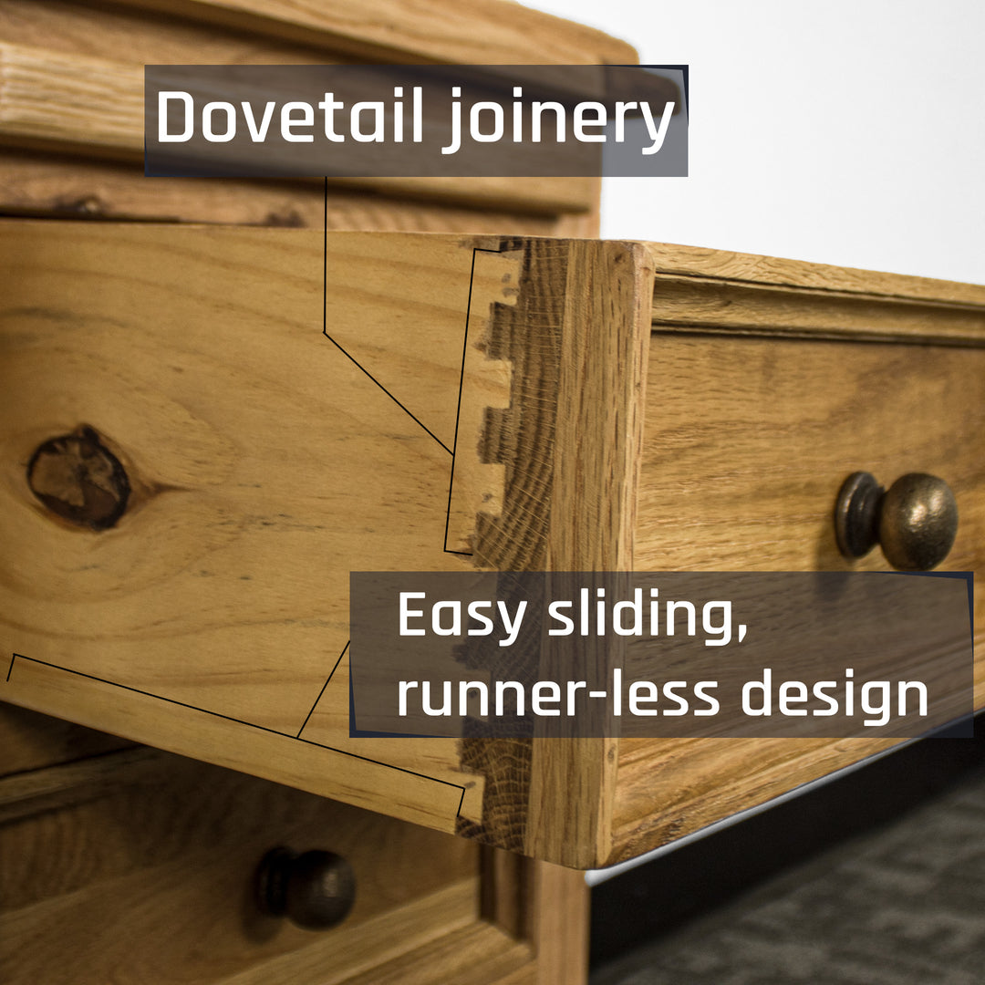 A close up of the dovetail joinery on the Versailles Oak Bedside Cabinet.