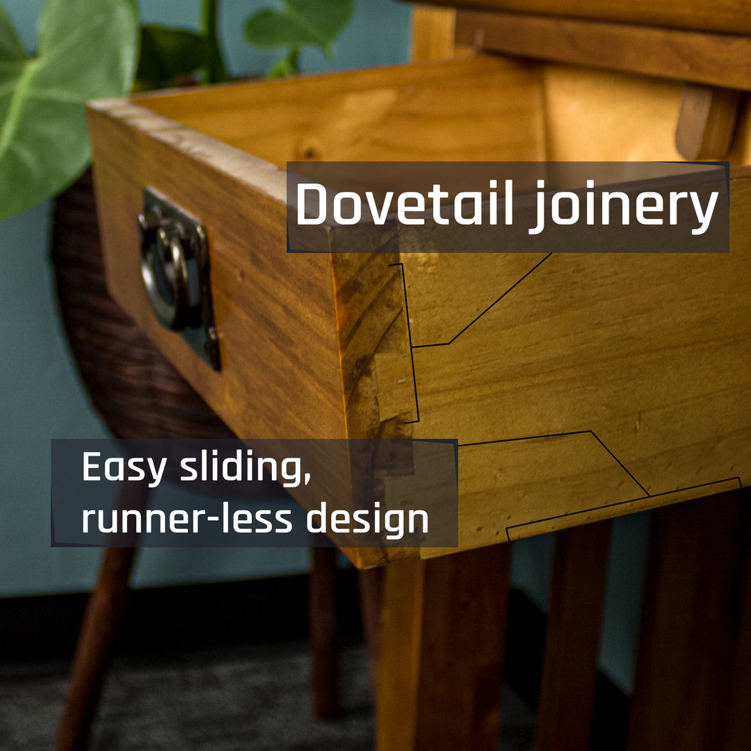 A close up of the dovetail joinery on the drawers of the Montreal Small Pine Hall Table