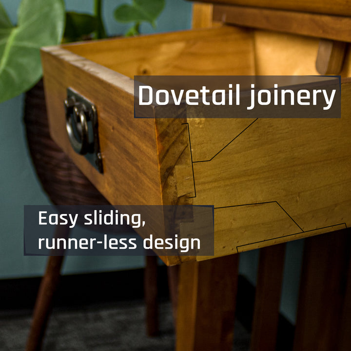 A close up of the dovetail joinery on the drawers of the Montreal Small Pine Hall Table