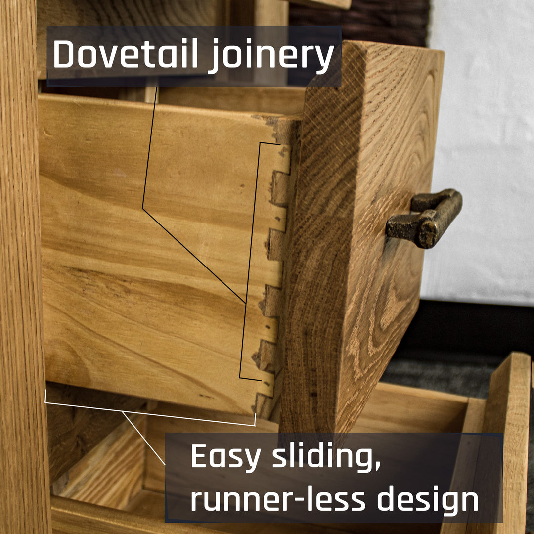 A close up of the dovetail joinery on the drawers of the Camden 3 Drawer White Oak Bedside Table.