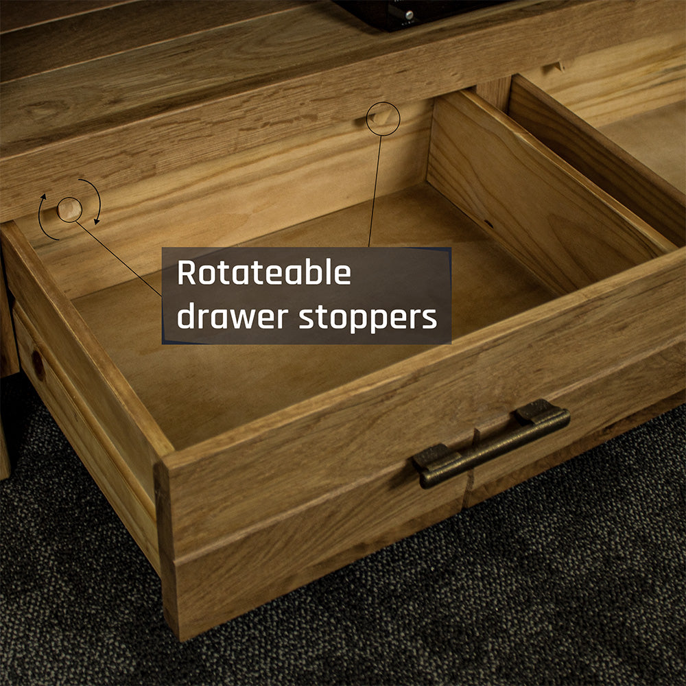 An overall view of the drawer on the Camden 2 Drawer White Oak Entertainment Unit