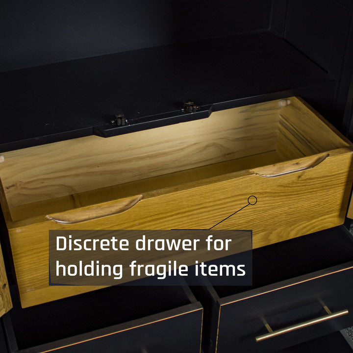 A view of the pull out wooden tray below the shelf on the Cascais Oak-top Kitchen Cabinet.