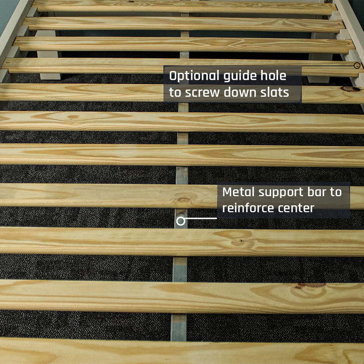 A closer view of the metal support bar under the slats of the Alton King Single NZ Pine Slat Bed Frame.