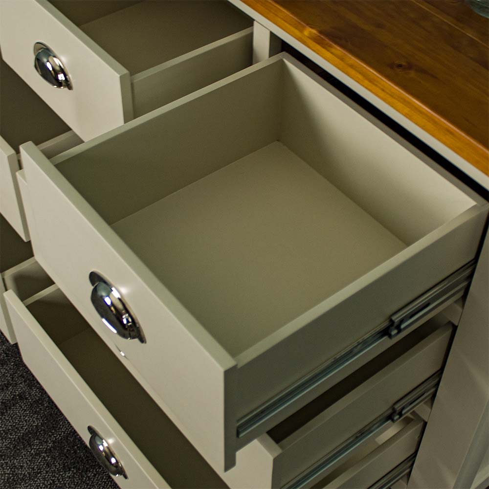 An overall view of the smaller top drawers on the Alton 7 Drawer Pine Lowboy.