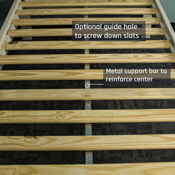 A closer view of the metal support bar that runs underneath the slats of the Alton Single NZ Pine Slat Bed Frame