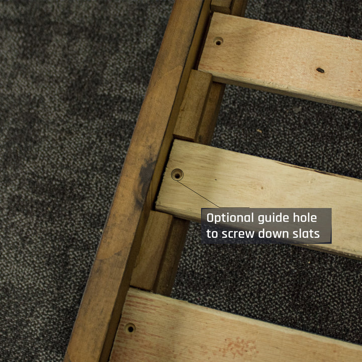 A close up of the slots to securely fasten the slats to the Botanica Queen Slat Bed Frame.