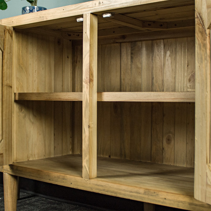 An overall view of the storage shelves in the middle of the Buffalo Recycled Pine Curved Buffet